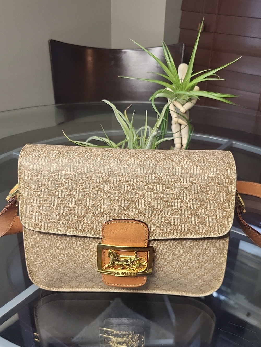 Celine Beige Monogram Crossbody with Tan Leather Trim and Gold Hardware